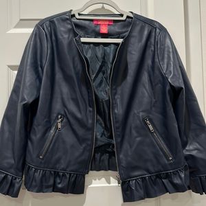 Catherine Malandrino - Faux LEather Ruffle - Jacket - Navy Blue -  Size L